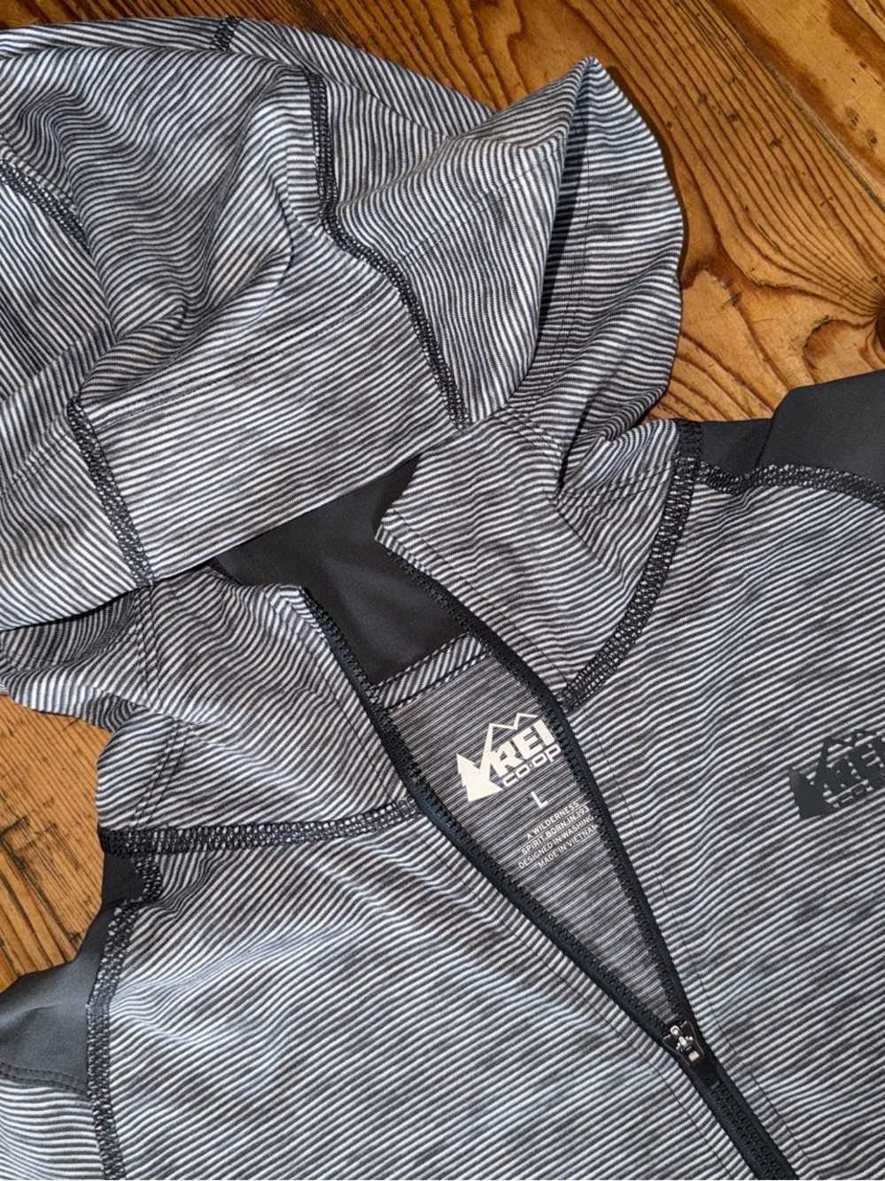 REI Co-op Striped Gray Hooded Quarter Zip-Up Jacket-Large